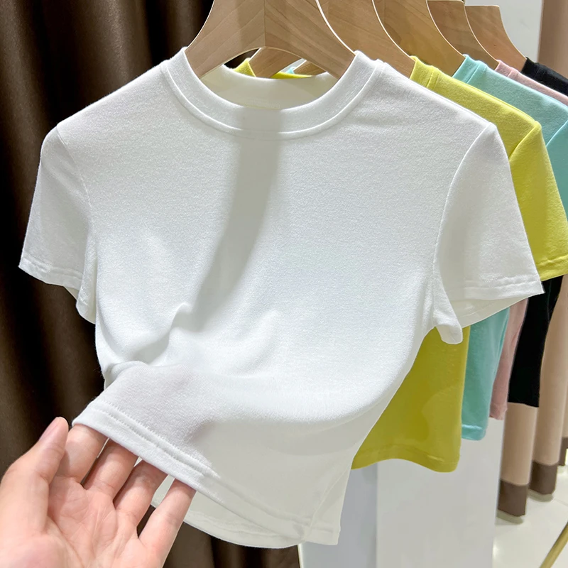 白色冰丝短袖T恤女夏季新款小个子高腰短款纯欲风圆领薄款打底衫
