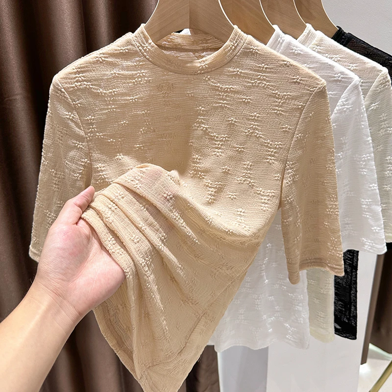 蕾丝打底衫女2025新款夏季中袖t恤配吊带裙内搭纱衣薄款网纱上衣