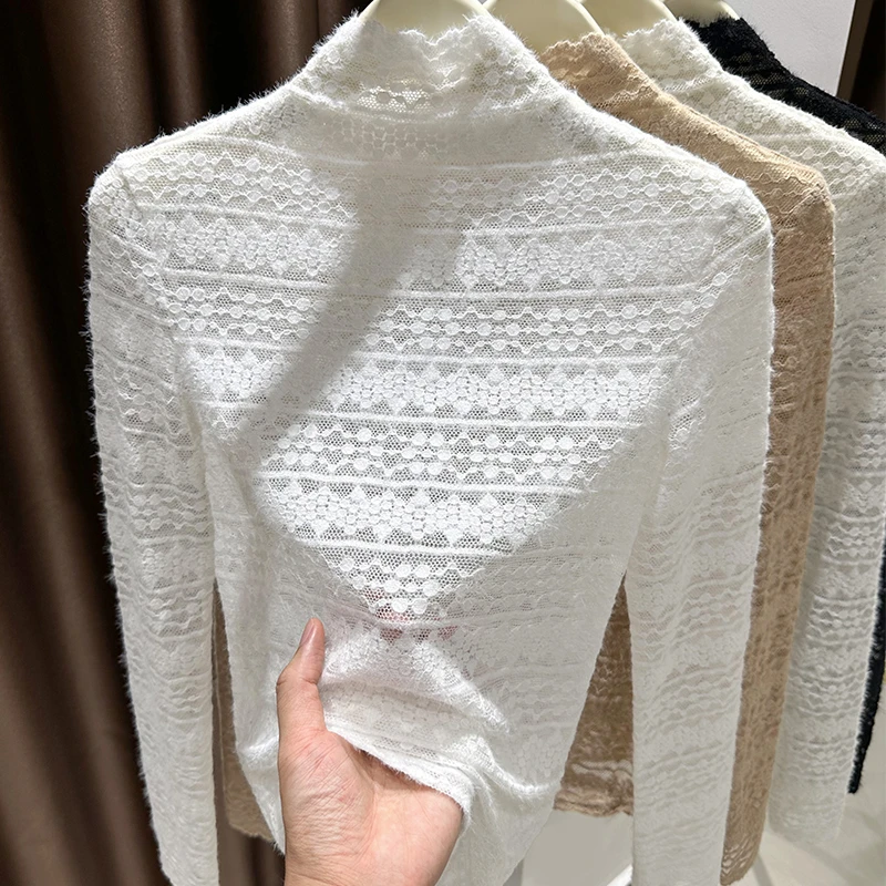 半高领磨毛蕾丝打底衫女秋冬配毛衣内搭洋气小衫花边高档网纱上衣