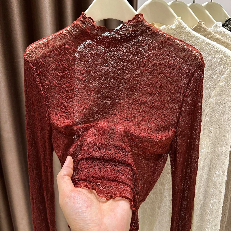 半高领镂空蕾丝打底衫爆款新款洋气内搭洋气外出新款毛衣网纱上衣