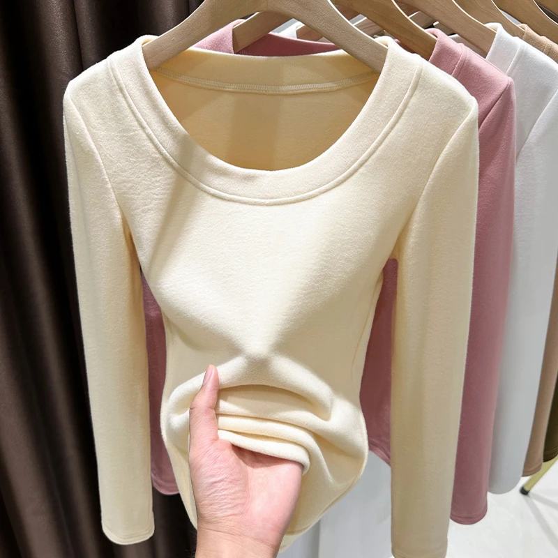 德绒打底衫秋冬加绒圆领修身内搭新款时尚洋气百搭女装打底长袖女