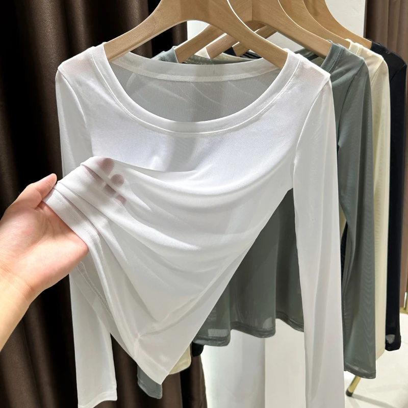 黑色网纱打底衫长袖T恤秋季性感内搭洋气外出新款毛衣蕾丝上衣女