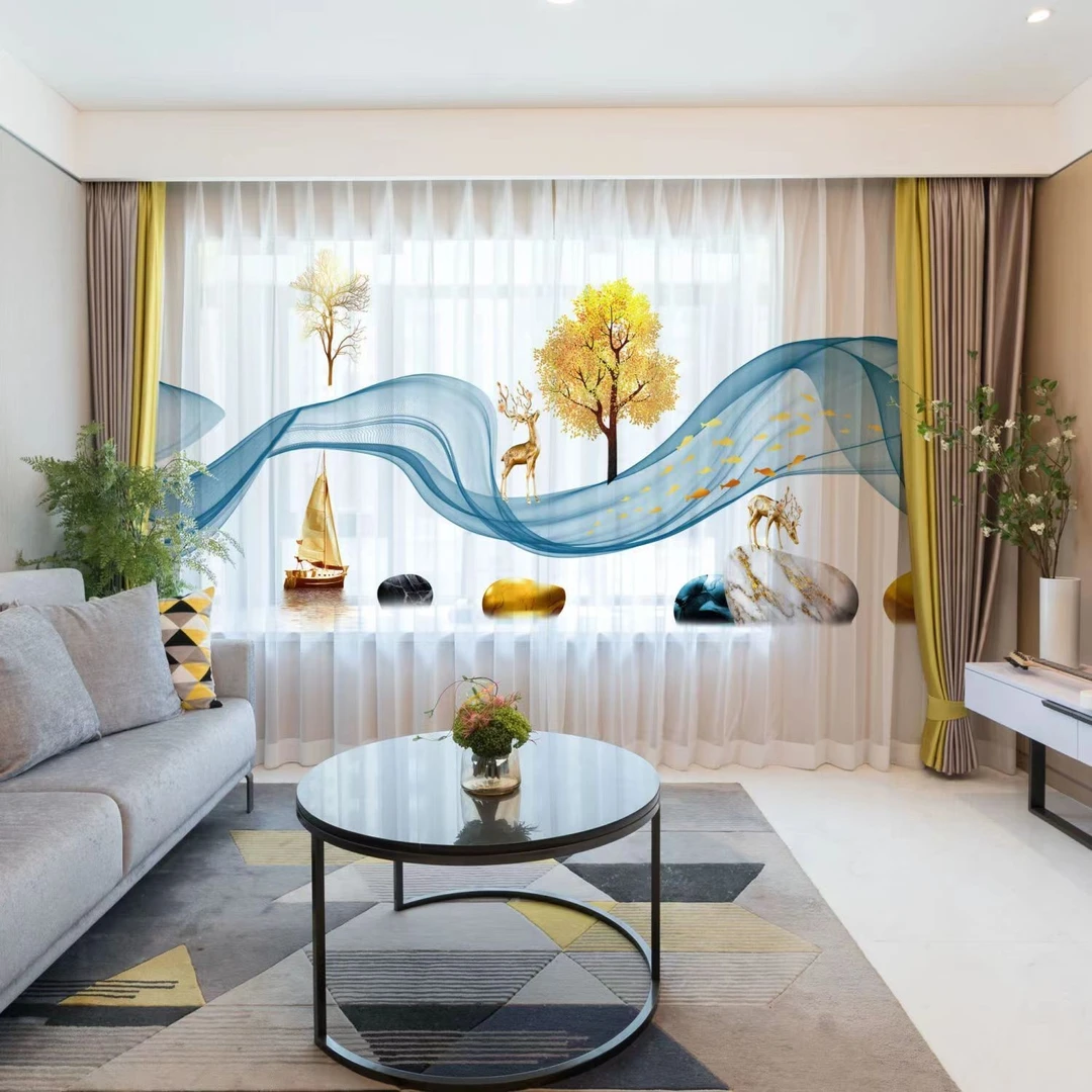 新中式窗纱窗帘风景水墨山水画中国风窗帘窗纱禅意书房客厅卧室纱