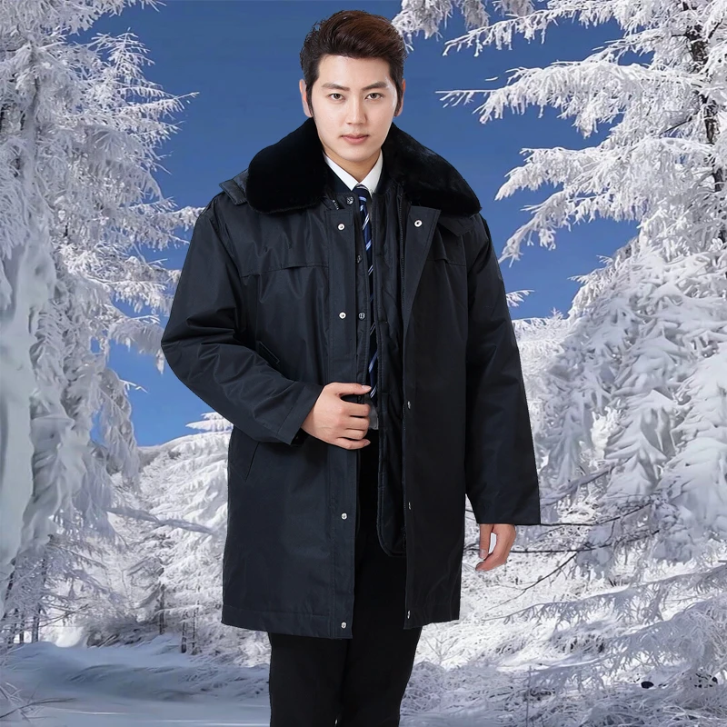 保安男士黑色中长款加厚保暖冬季棉大衣物业防寒大衣冬季执勤大衣