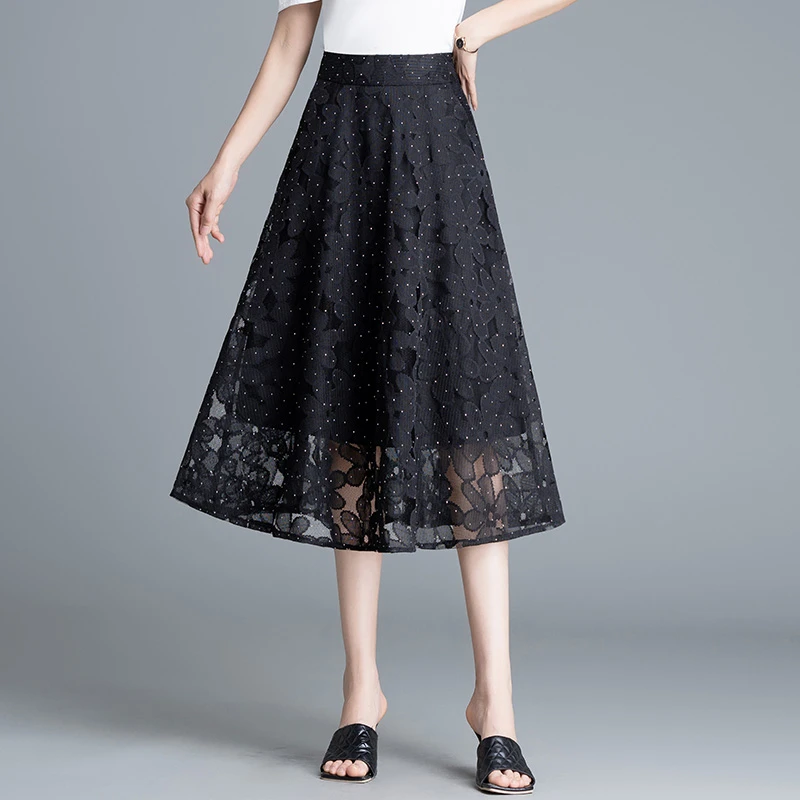 夏季时尚中长款A字裙90732黑色高腰半身裙裙子薄款蕾丝大摆春夏