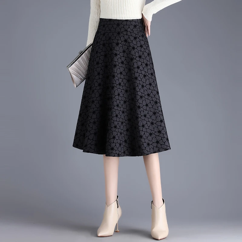 春季立体提花a字裙气质黑色a字裙时尚半身裙大摆中长伞裙90375