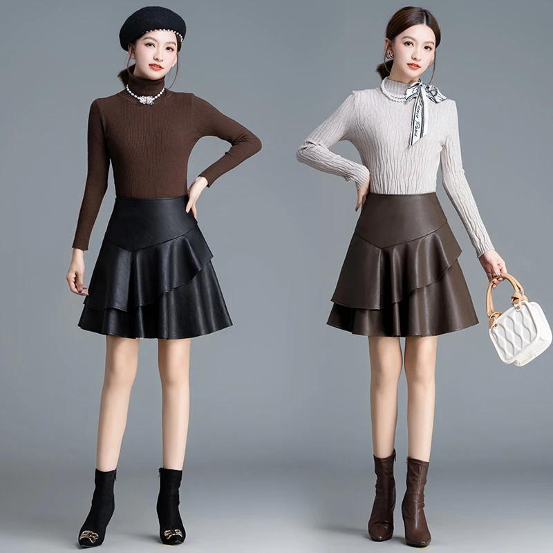 高腰显瘦半身裙PU皮短裙 90526