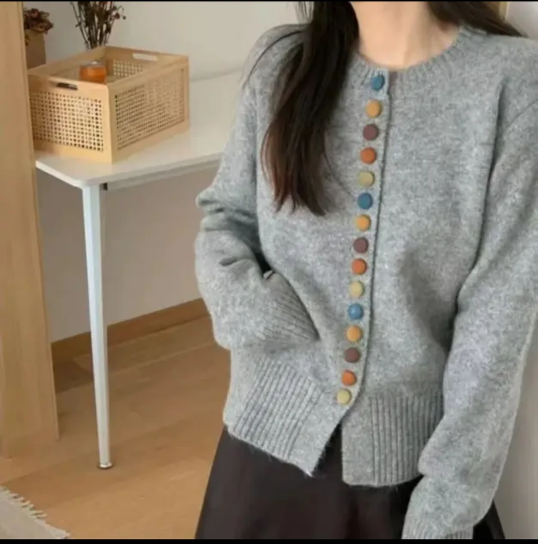 韩系彩色扣子针织开衫女秋冬季宽松慵懒风百搭毛衣外套2024新款潮