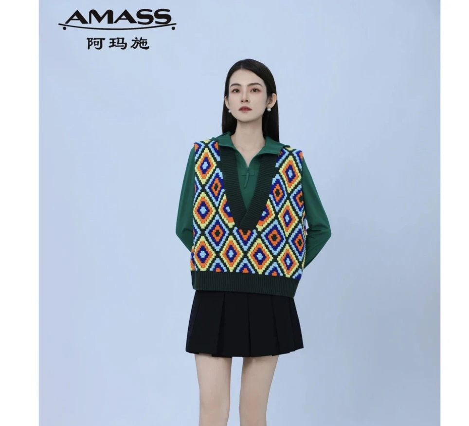 AMASS/阿玛施新款时尚宽松v领百搭套头撞色针织衫马甲 5399582