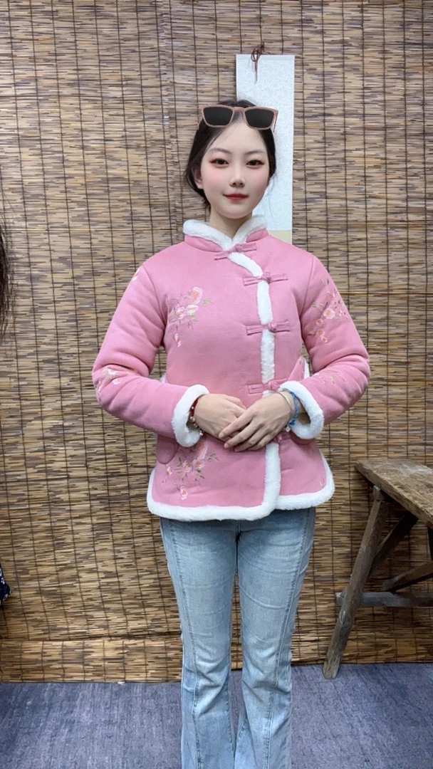 新中式中国风盘扣棉服棉袄网红加绒加厚保暖毛边民族风盘扣小棉袄