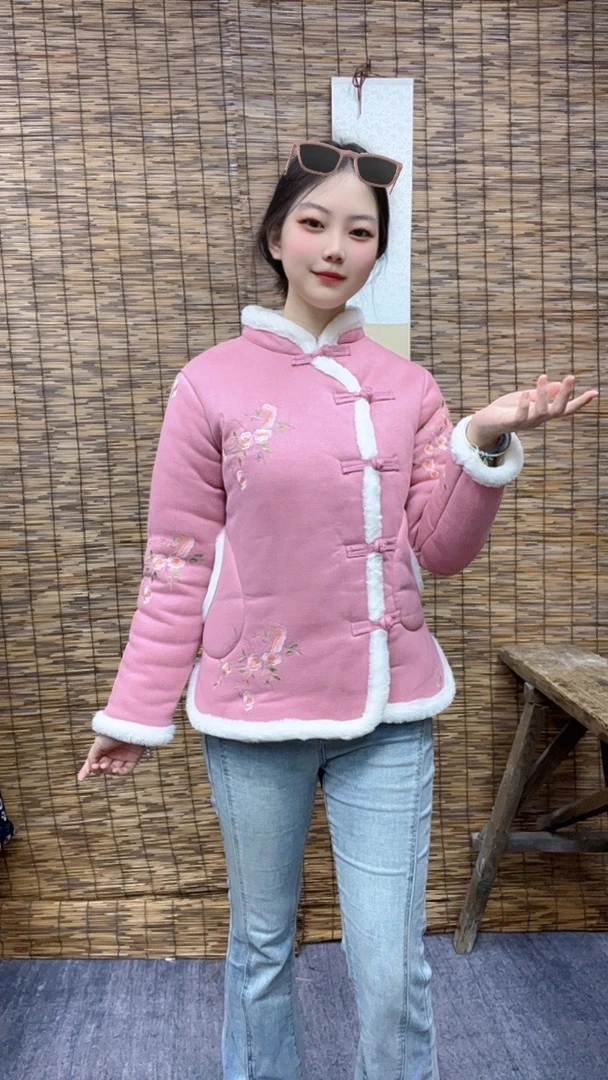 新中式中国风盘扣棉服棉袄网红加绒加厚保暖毛边民族风盘扣小棉袄