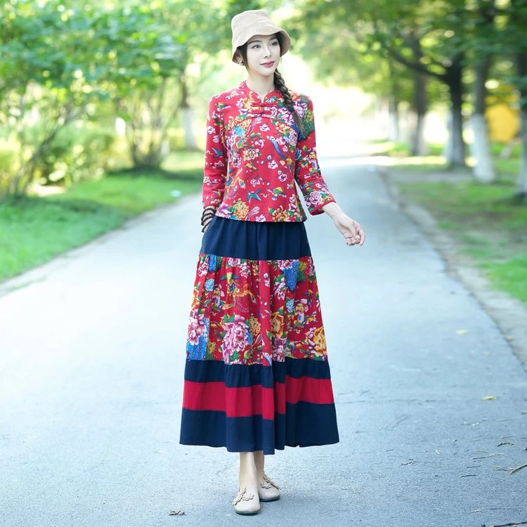 中国民族风盘扣女装新款棉麻文艺范复古立领东北大花套装网红时尚