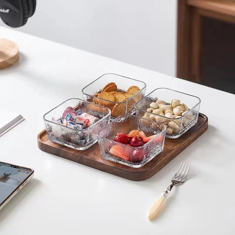 家用4只装加厚锤纹玻璃碗甜品碗圆形方形水果沙拉碗运损包补发