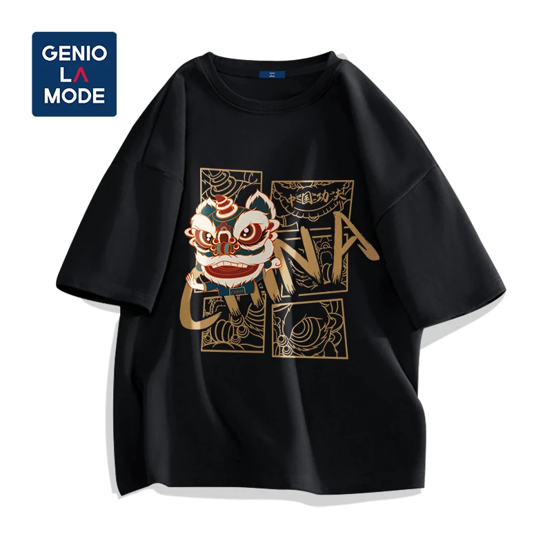 GENIOLAMODE品牌纯棉短袖男士春夏国潮功夫醒狮大码潮流学生t恤