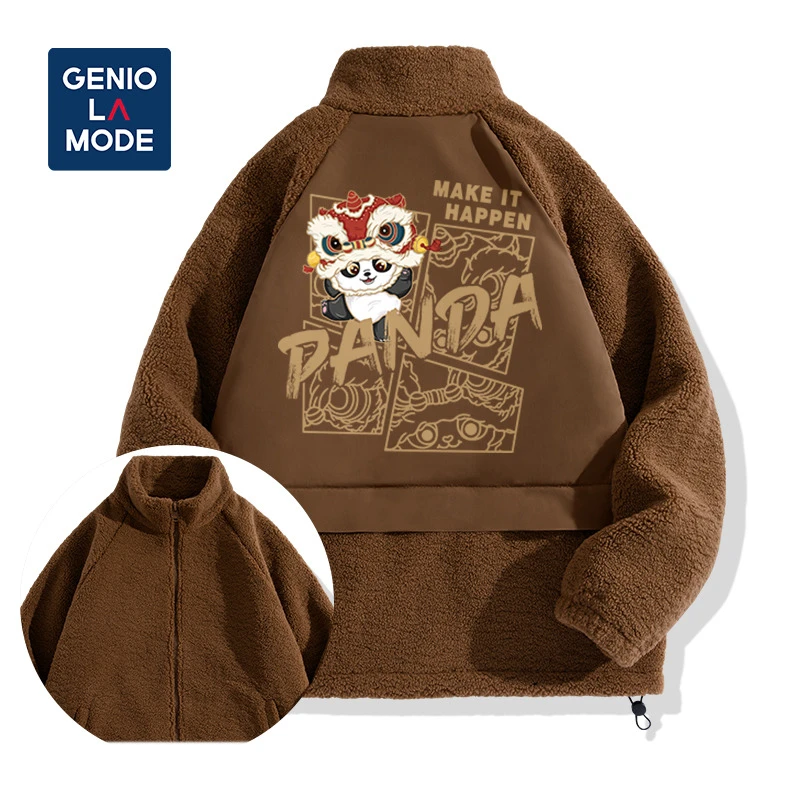 GENIOLAMODE国潮熊猫棉服男款秋冬季设计感羊羔绒加厚外套先生