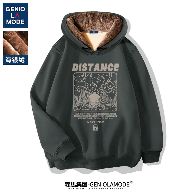 GENIOLAMODE美式复古卫衣男连帽正肩加绒加厚外套秋冬季保暖上衣
