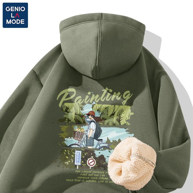 GENIOLAMODE新款绿色日系羊羔绒卫衣男青少年加绒超厚连帽外套冬