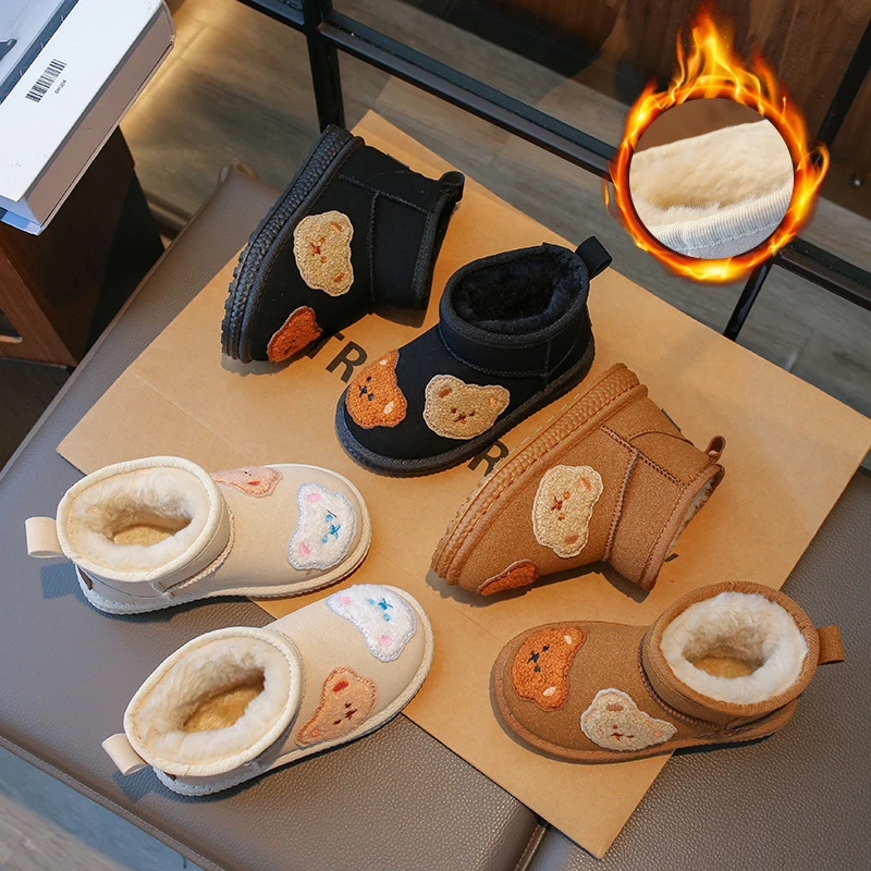 男女童棉靴加厚大棉2023冬季女童雪地靴宝宝时尚儿童棉靴加绒小熊