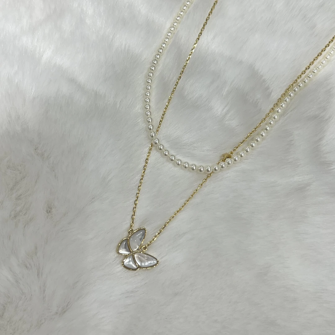 铜合金仿珍珠项链 双链白贝蝴蝶 真两条 小点位精致唯美减龄125