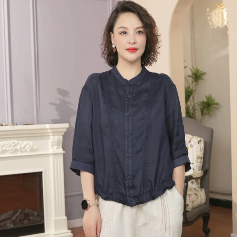 苎麻小衫 女衬衫上衣百搭休闲时尚夏季宽松立领女装文艺抽绳 9003