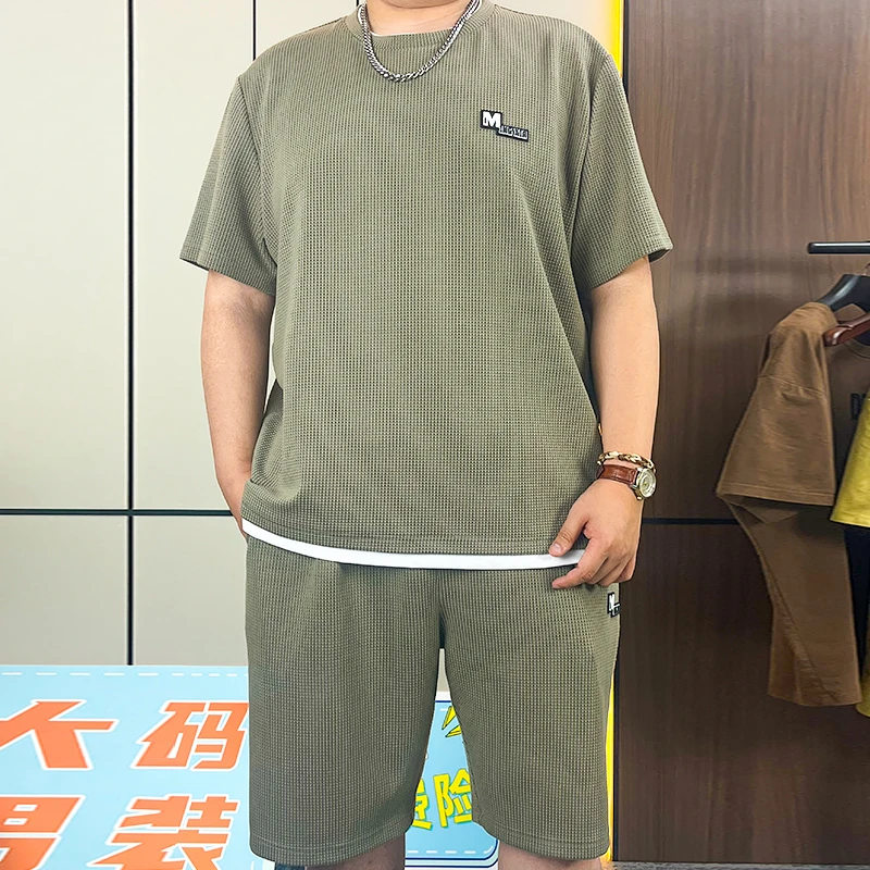 运动套装男士夏季薄款高端冰丝t恤男加肥加大码短袖短裤两件套潮