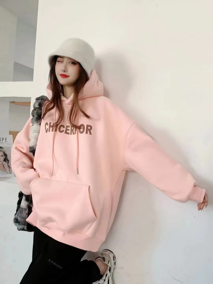 休闲加绒宽松韩版卫衣。