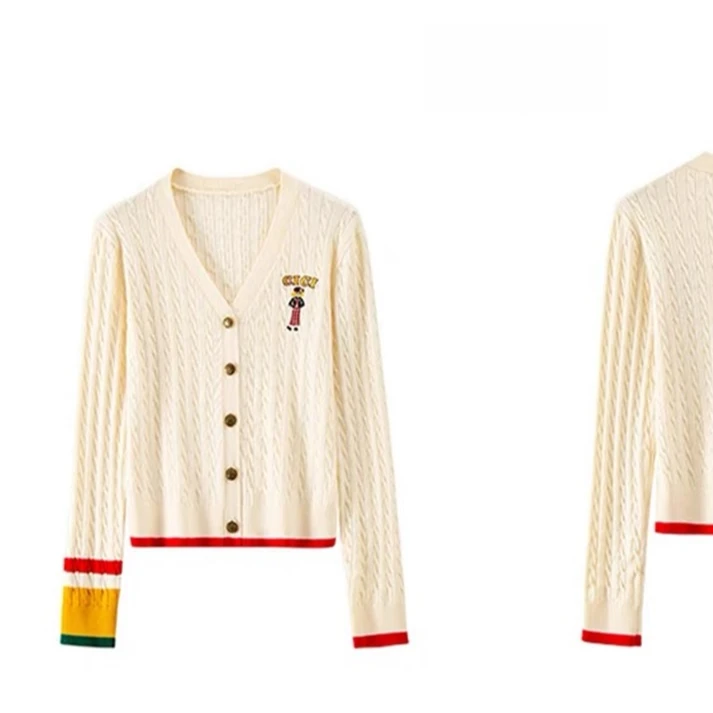 复古时髦卡通刺绣V领针织开衫秋新款修身显瘦减龄上衣女【404】