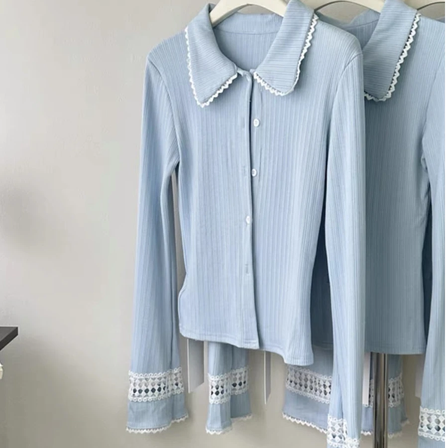 甜美少女感翻领长袖上衣女秋季新款气质百搭修身显瘦polo衫【464】