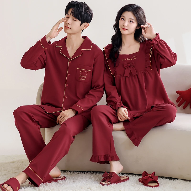 2套价 情侣睡衣春秋季结婚新婚套装纯棉长袖陪嫁女喜庆家居服冬