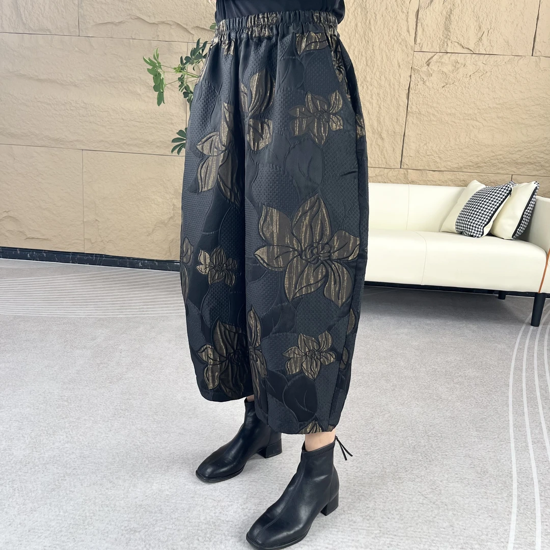 清静语qjy24068黑金色加棉加厚提花茧型裤时尚休闲宽松秋冬季