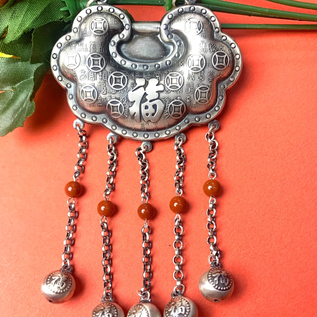 足银百福锁流苏吊坠SD289