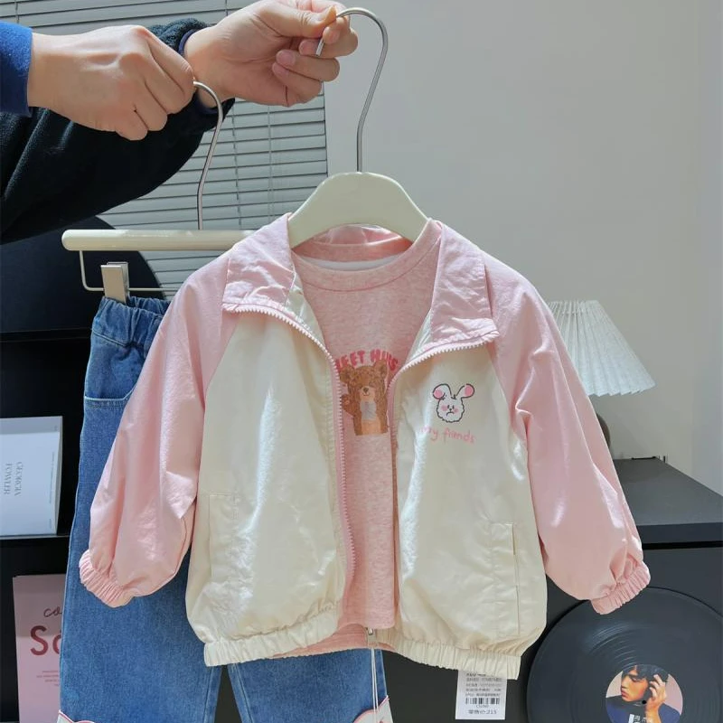 女童外套春秋款儿童两面穿夹克衫女宝宝拉链衫可爱印花棒球服春装