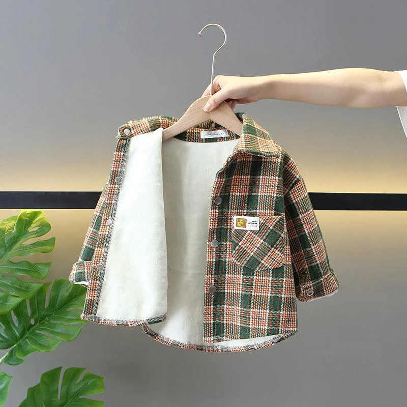 男童加绒衬衫格子外套秋冬季2025新款中小童装帅气宝宝加厚衬衣潮