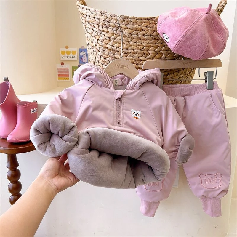 婴儿夹棉两件套女宝宝棉衣套装2024冬装新款外穿女童加绒卫衣加厚