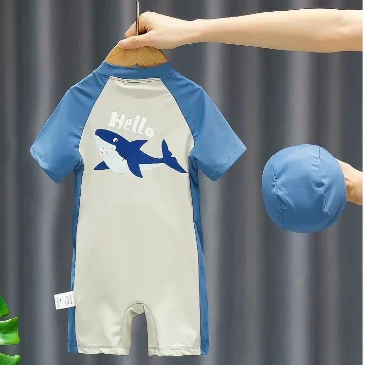 儿童连体短袖泳衣男童夏季防晒速可爱海豚速干中小孩海边度假弹力