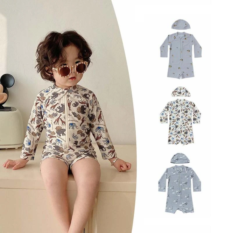 25新款ins洋气儿童泳衣男童长袖连体速干温泉宝宝游泳衣男宝防晒