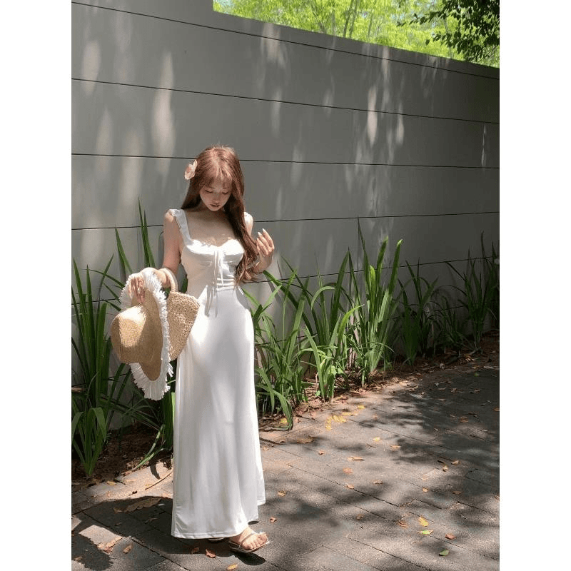 嘉蚁 白色温柔露背吊带连衣裙女装夏季收腰绑带中长裙休闲初恋a字裙子