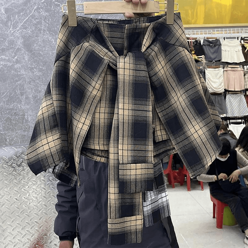 嘉蚁 港风复古格子衬衫感半身裙女夏季休闲百搭叠穿裙子不规则短裙76F
