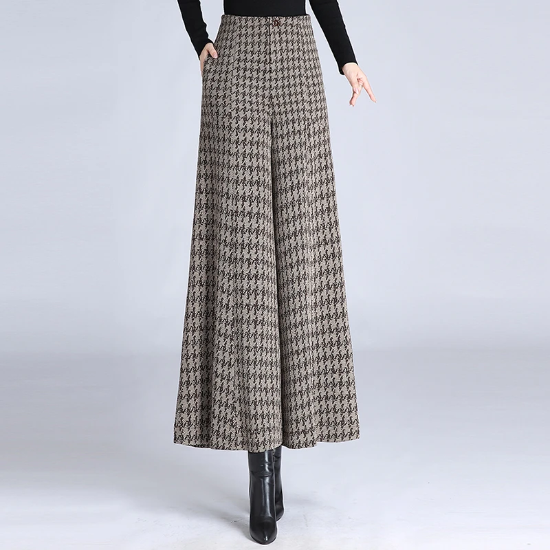 格子毛呢阔腿裤裙裤女秋冬高腰免烫休闲裤跳舞加厚宽腿裤甩裤子女