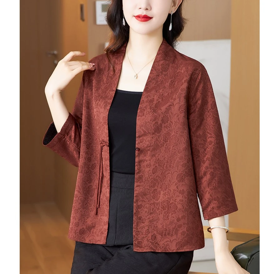 双面双穿新国风盘扣开衫短外套新款七分袖提花休闲女士上衣XH096