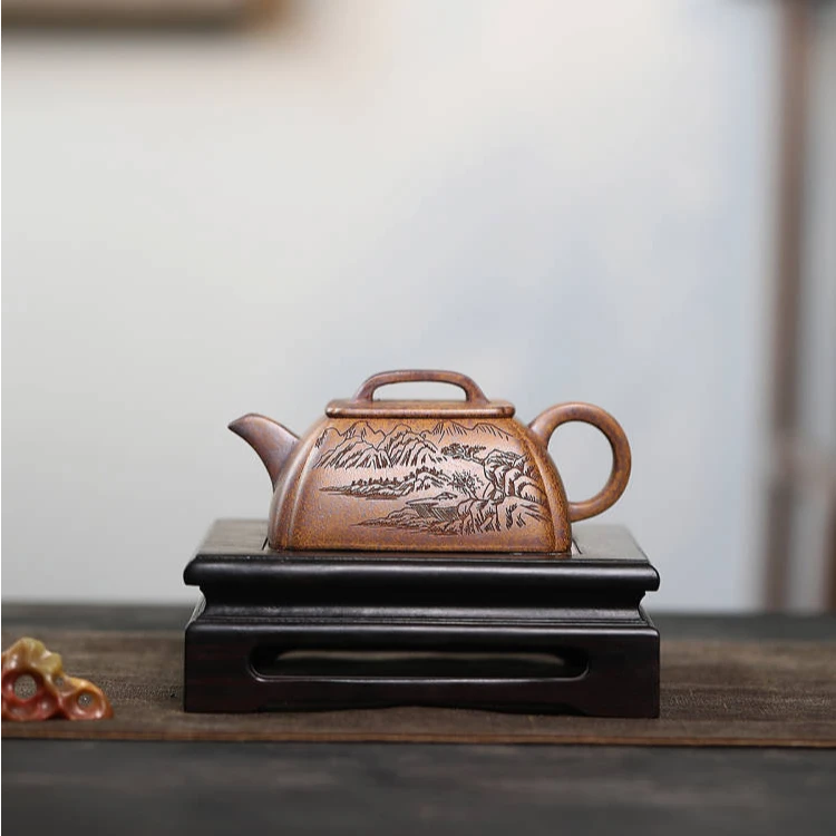 宜兴紫砂壶纯手工电窑烧制出水暴爽手工刻绘还原烧抽角明炉210cc