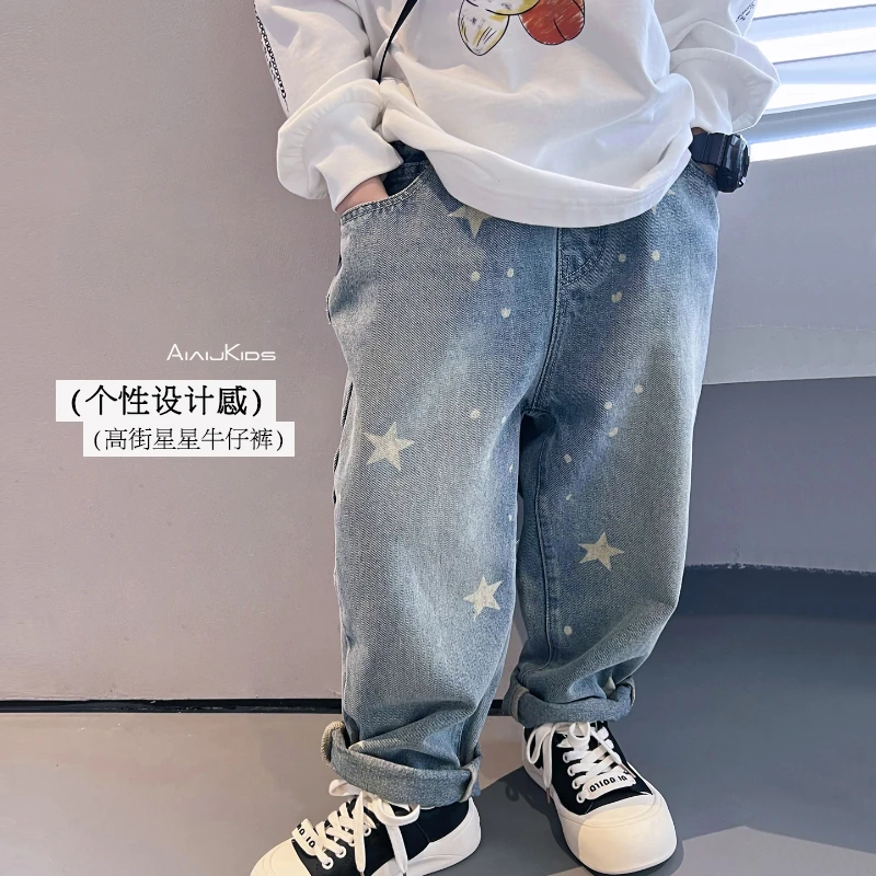 AIAIJKIDS【星星】牛仔裤儿童新款美式高街直筒水洗长裤 4072213O1