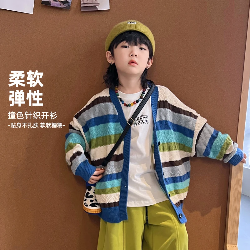 AIAIJKIDS【知秋】毛衣秋季v领拼色针织开衫学院风外套 4086230O7