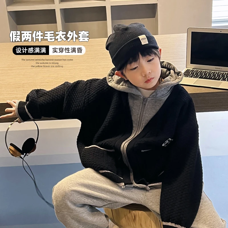 儿童韩版连帽假两件毛衣外套拼接秋冬男童复古中大童 3086221O1