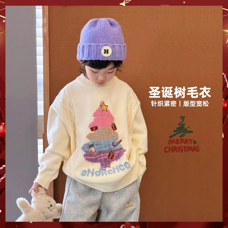 【圣诞树】男童中大童冬季宽松圆领套头圣诞毛衣保暖4116233O8