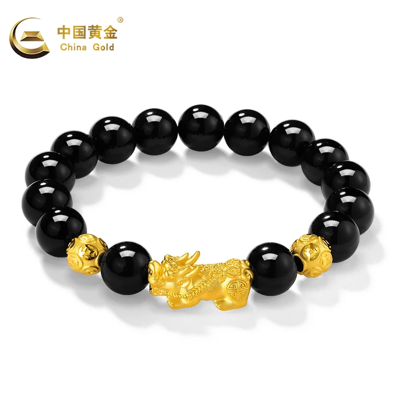China Gold/中国黄金足金貔貅手串黑色转运珠 轻奢国风手链金手串