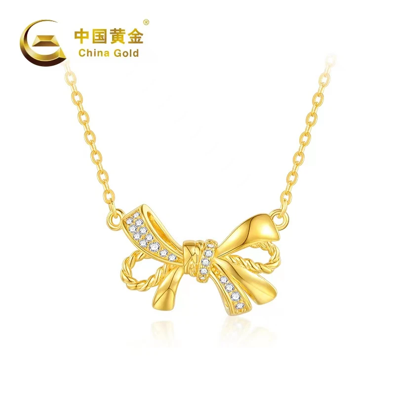 China Gold/中国黄金中国黄金天铭925银镶锆石蝴蝶结爆闪吊坠项链