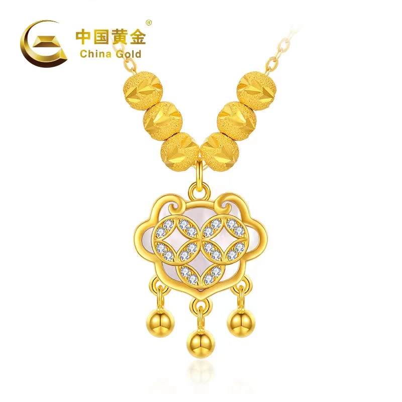 China Gold/中国黄金招米平安锁 S925银镶嵌贝母国潮精美美丽项链