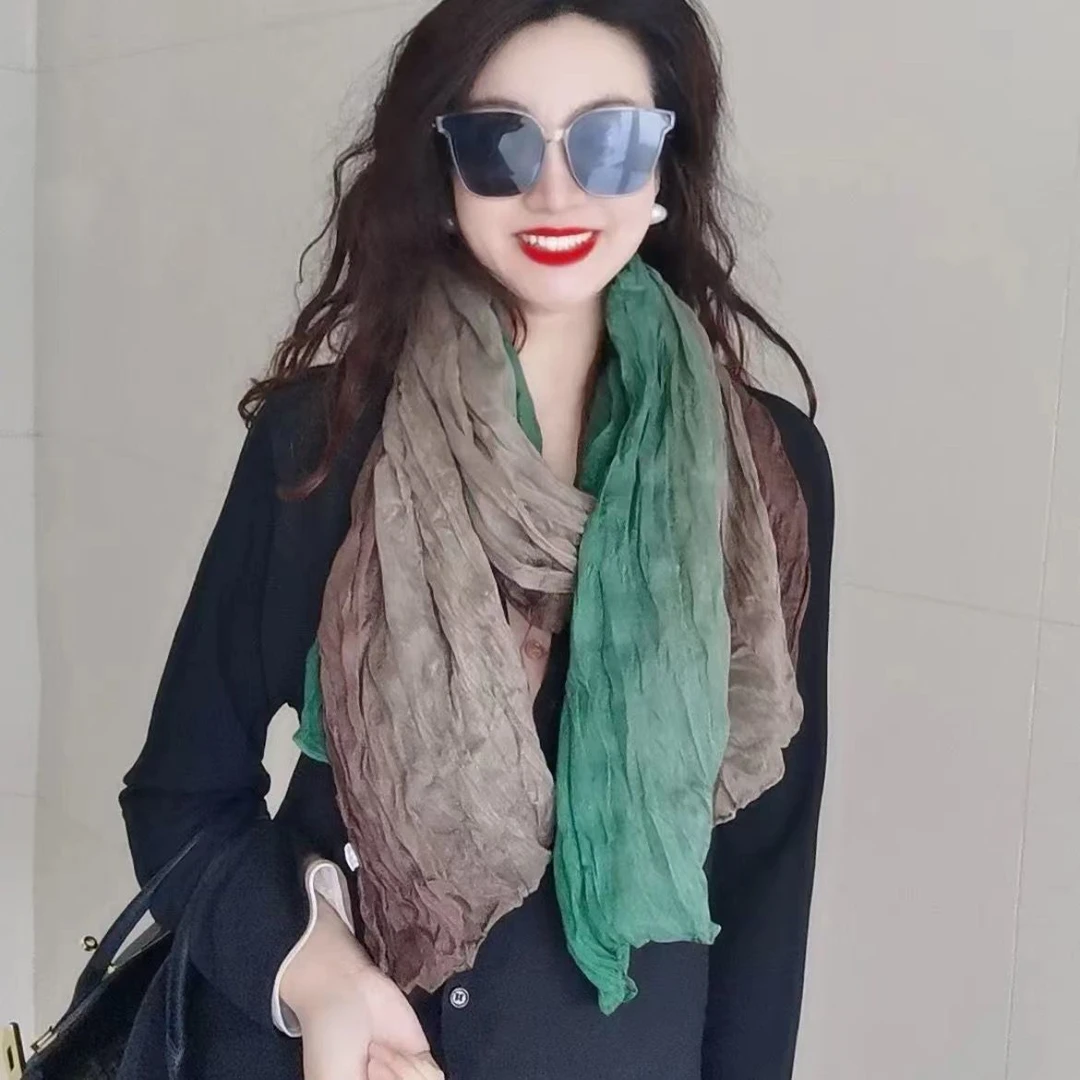百搭拼色围巾旅游拍照亚麻复古文艺四季拼接扎染褶皱长条丝巾长巾