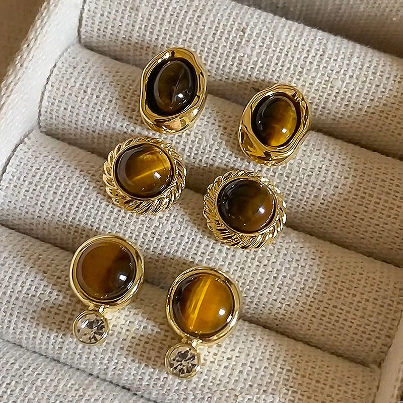 铜合金耳饰 圆形虎眼石美拉德耳钉秋冬氛围感复古小众高级感耳环